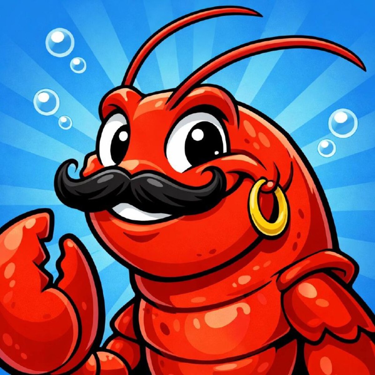 Sean profile photo: a smiling red cartoon lobster with a curled black moustache and gold hoop earring.